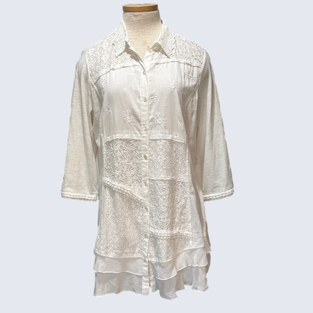 April Cornell sz M white cotton lace 3/4 length sleeve button down tunic top